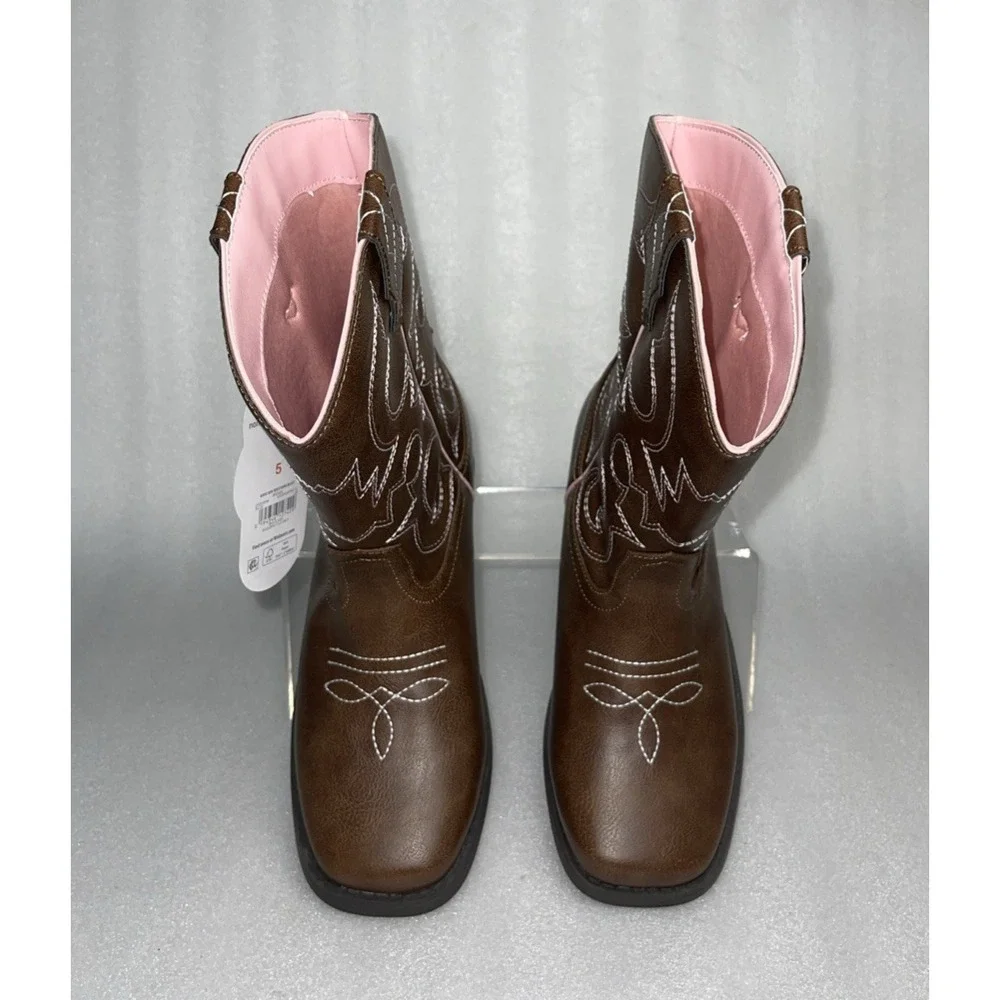 Wonder‎ Nation Brown Pull-on Square Toe Cowboy Cowgirl Boots Big Girls Size 5